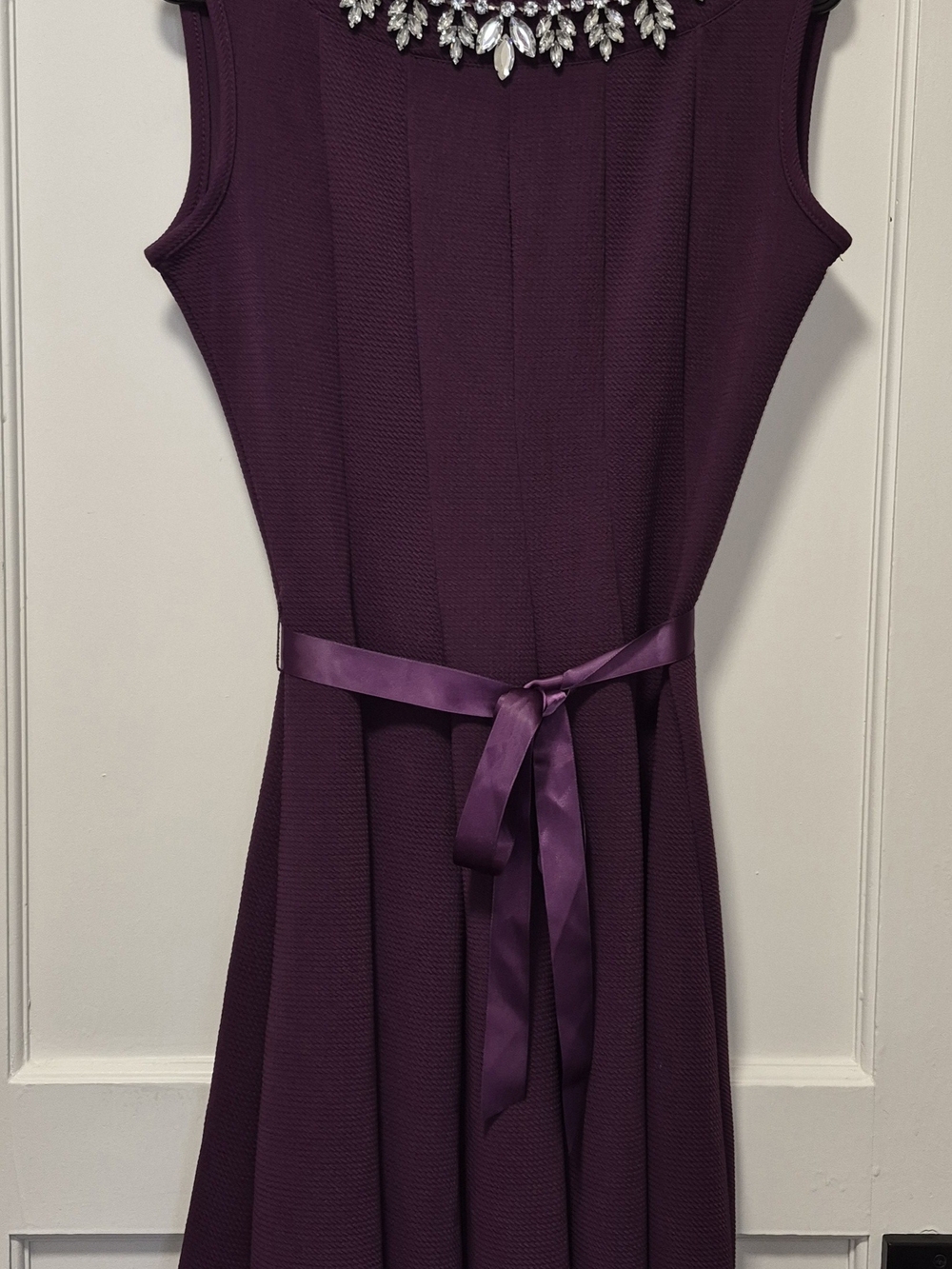 Haani Sleeveless Jewel-Embellished Plum A-Line Dress with Satin Waist Tie